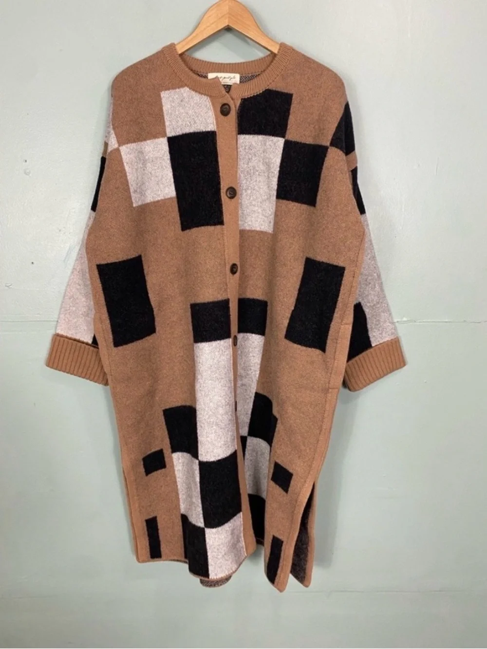 Free People Check Me Out Long Cardigan Jacket Plaid Wool Chunky M & L‎